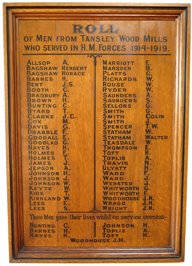 WW1 Roll of Honour from Tansley Wood Mills